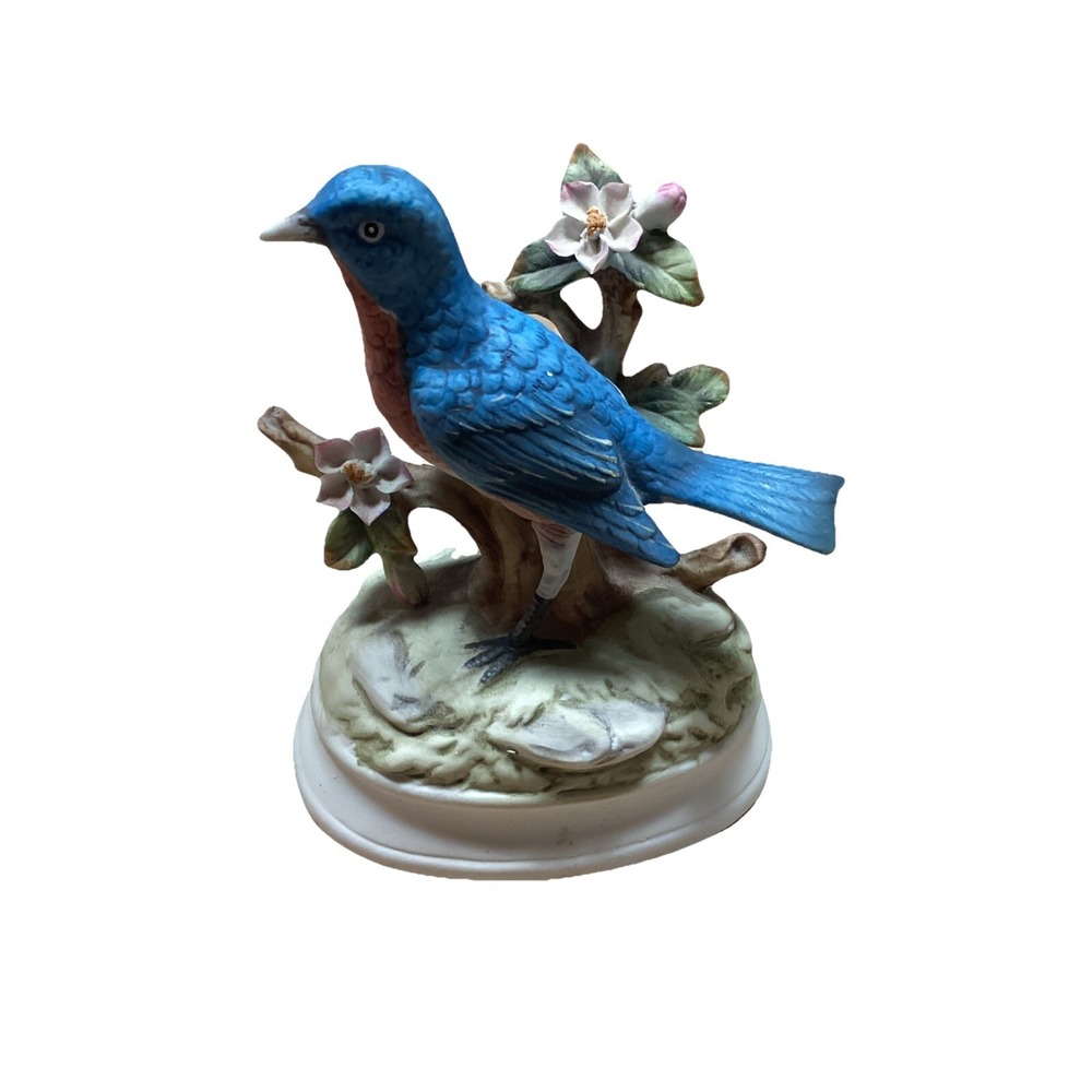 Vintage Porcelain Blue Jay On Branch  Bird Figurine Decorative Plays Music